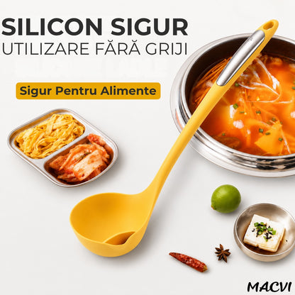 Polonic separator de grasime Macvi®, silicon alimentar, rezistent la caldura, galben