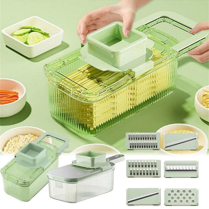 Razatoare Multifunctionala Macvi® cu Recipient si 6 Lame din Otel Inoxidabil, Tocator Rotund pentru Legume si Fructe, Design Demontabil, Verde
