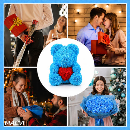 Ursulet Cu Inima Trandafiri Spuma Macvi®, 24 cm, Cutie Cadou Inclusa, Albastru, Decor Romantic, Cadou Valentine Aniversare