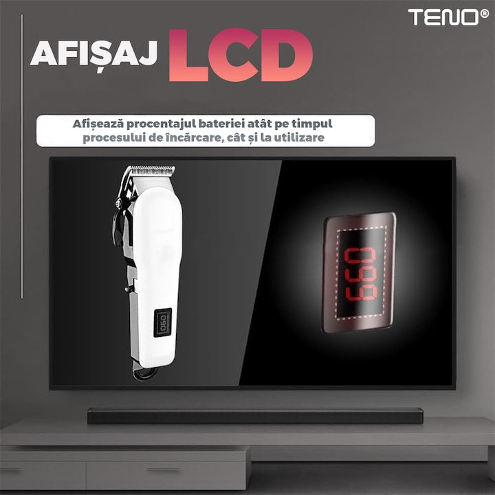 Aparat de tuns barba Teno®, afisaj digital, 4 piepteni inclusi, incarcare la retea, lame ascutite, usor de curatat, trimmer profesional, alb