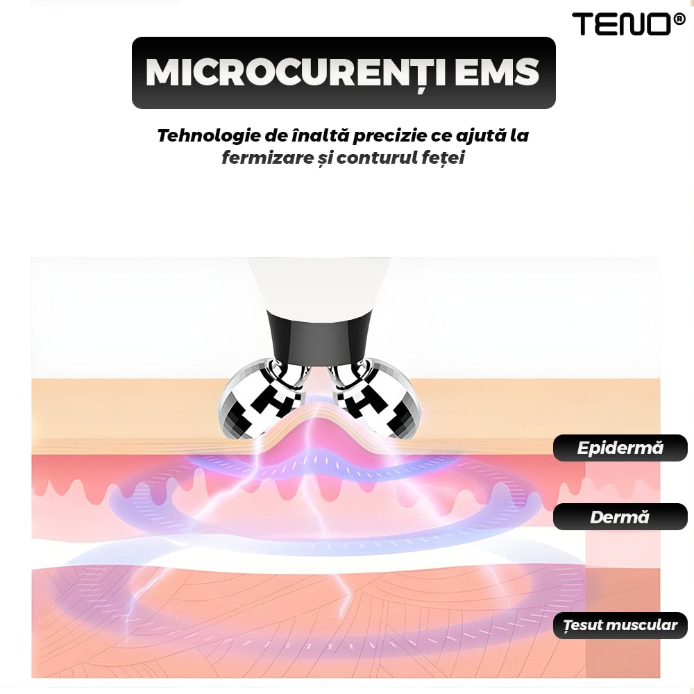 Aparat pentru Tratament Facial cu Microcurenti Teno®, lifting facial 3D, microcurenti EMS, antirid, remodelare, fermizare, suport inclus, cablu de alimentare, negru