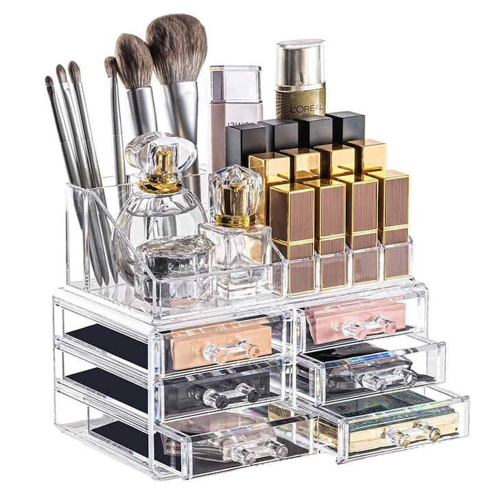 Organizator Cutie Depozitare pentru Produse Cosmetice Teno®, bijuterii si alte obiecte, 6 sertare, piese detasabile, transparent, 24 x 19 cm