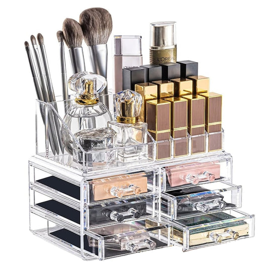 Organizator Cutie Depozitare pentru Produse Cosmetice Teno®, bijuterii si alte obiecte, 6 sertare, piese detasabile, transparent, 24 x 19 cm