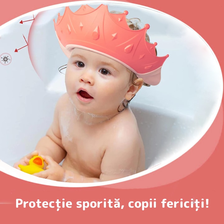 Palarie de Baie pentru Copii Teno®, protectie impotriva samponului pentru ochi si urechi, reglabila, forma coroana rege/regina, roz