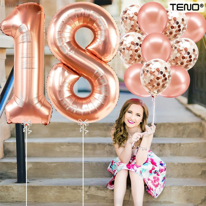 Set 2 Baloane Cifra 18 Teno®, pentru Petreceri/Aniversari/Evenimente/Majorate, 105 cm, rose gold