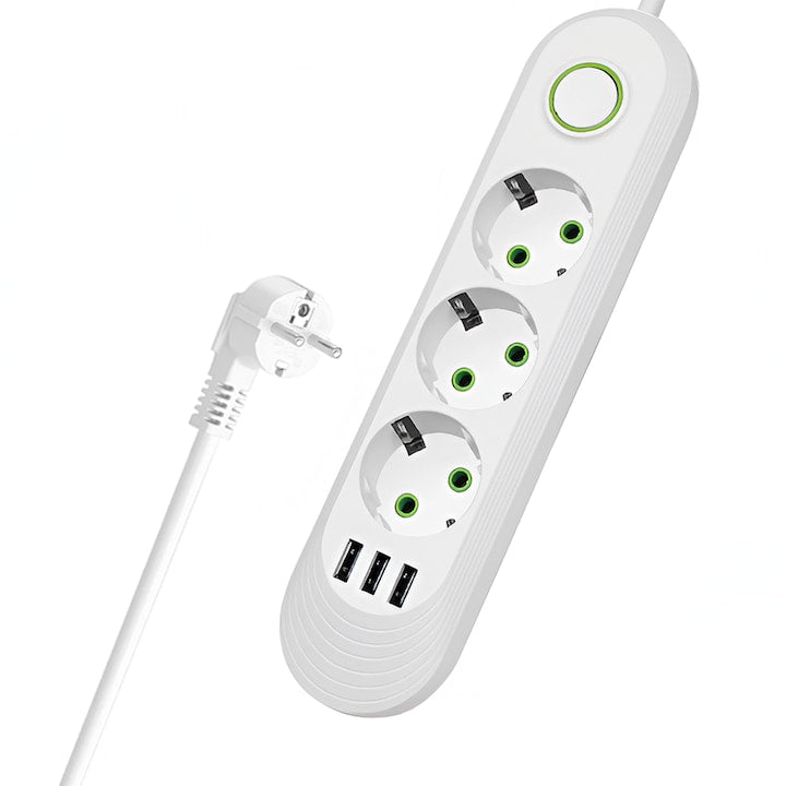 Prelungitor Teno®, 3 prize, 3 porturi USB, intrerupator, suport de agatare incorporat, rezistent la temperaturi inalte, universal, lungime 2 metri, alb