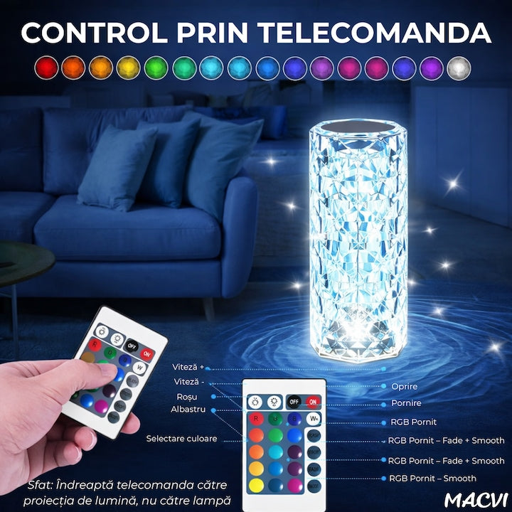 Veioza Cristal Macvi® RGB Eleganta cu Telecomanda