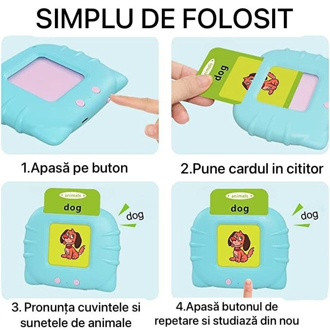Jucarie educativa Montessori Macvi® masina de invatare limba engleza cu cititor carduri flash 112 carduri 224 cuvinte sunete interactive incarcare MicroUSB albastru 2 ani+