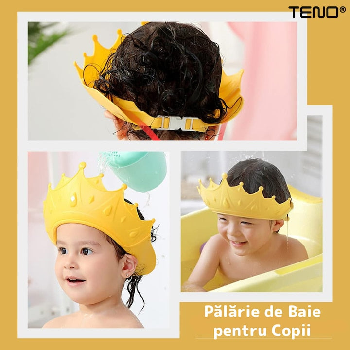 Palarie de Baie pentru Copii Teno®, protectie impotriva samponului pentru ochi si urechi, reglabila, forma coroana rege/regina, galben