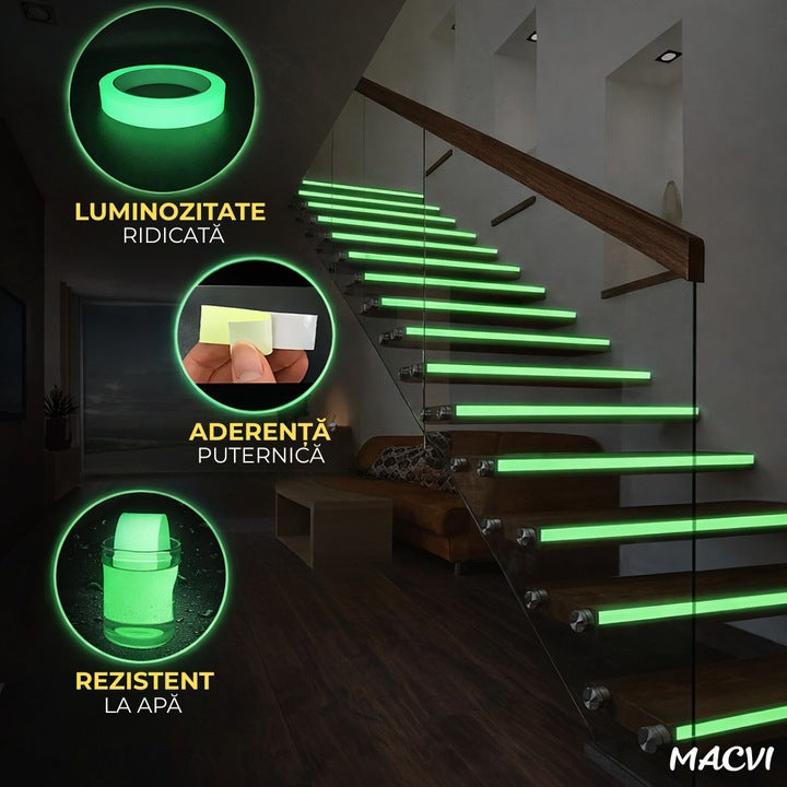 Banda Fosforescenta Autoadeziva Macvi® 2cm x 5m, Fotoluminiscenta, Incarcare cu Lumina, Vizibila pana la 8 Ore, Banda Siguranta Marcaj, Decor Interior/ Exterior