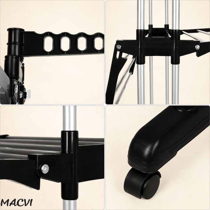 Uscator vertical pentru rufe Macvi®, cu 3 nivele de uscare, mobil si pliabil, suport umerase, negru