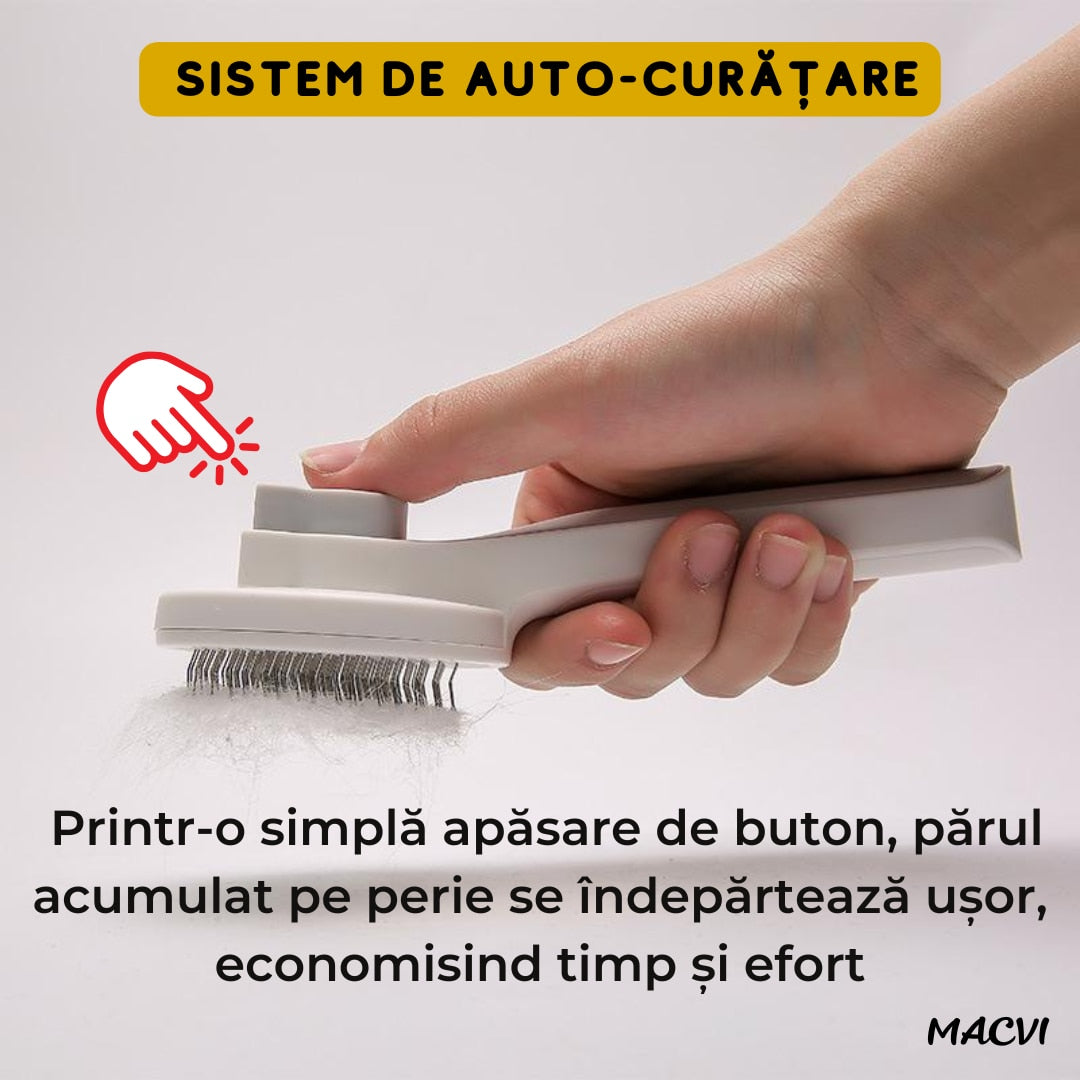Perie auto-curatare Macvi® pentru caini si pisici, indeparteaza parul mort si incalcit, masaj pentru circulatie, tepi din otel inoxidabil, maner ergonomic