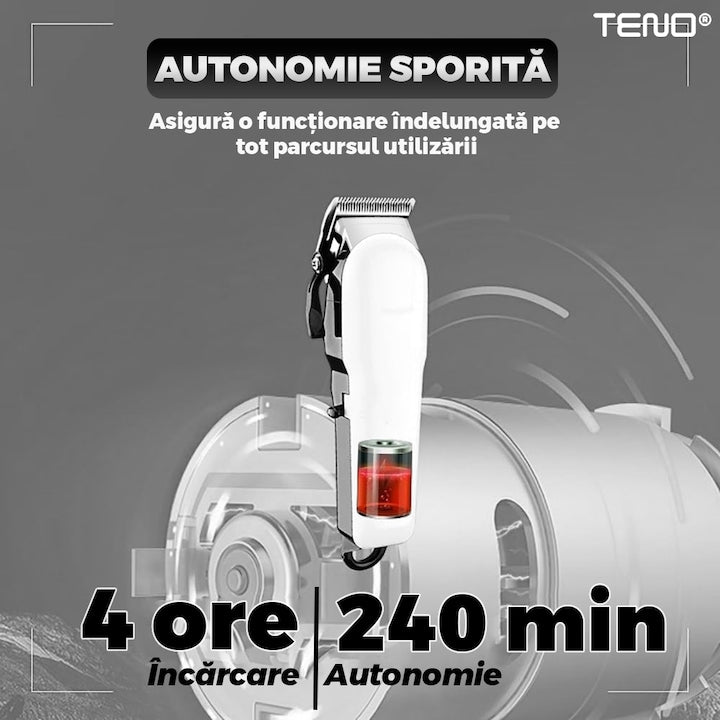Aparat de tuns barba Teno®, afisaj digital, 4 piepteni inclusi, incarcare la retea, lame ascutite, usor de curatat, trimmer profesional, alb