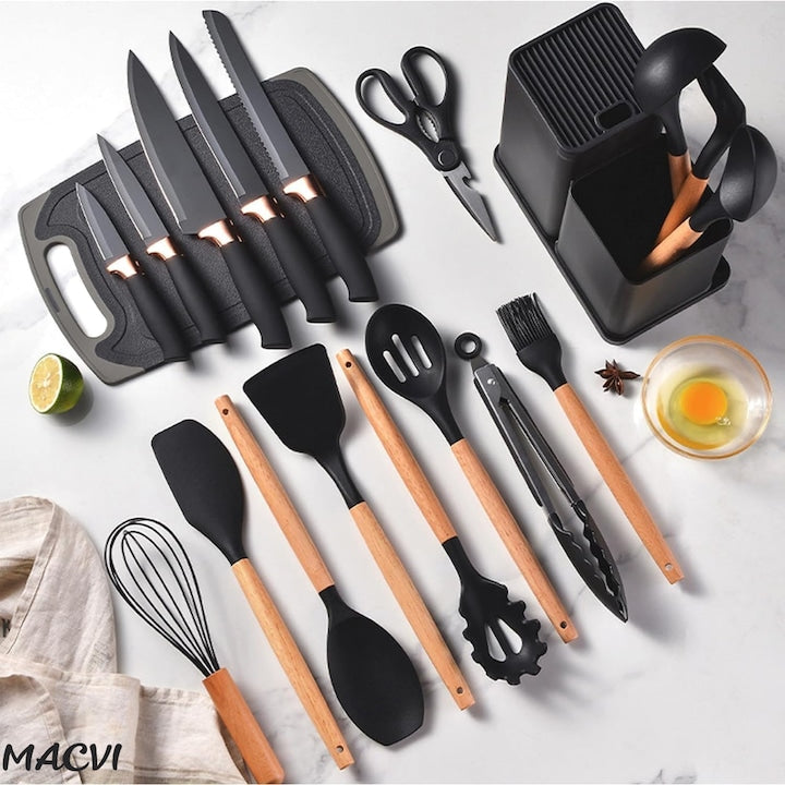 Set Ustensile Bucatarie Macvi® 19 Piese Silicon Termorezistent si Bambus, Cutite Inox, Suport Organizator Compact, Design Negru Elegant