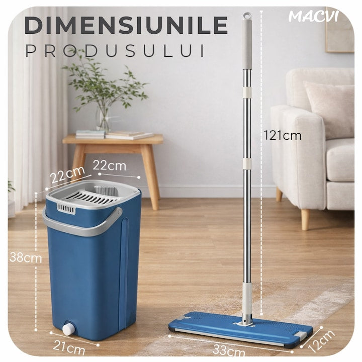 Set curatare Macvi® cu mop plat si galeata cu sistem de stoarcere, scurgere cu dop, coada telescopica si 2 lavete microfibra rezerva