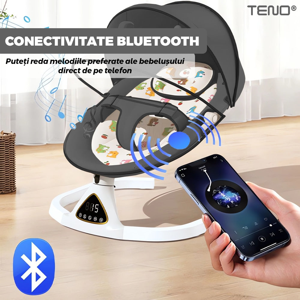 Leagan Electric Teno®, conectivitate Bluetooth, control tactil, tava detasabila, acoperis rabatabil, plasa protectie tantari pentru bebelusi, jucarii, muzica, gri inchis