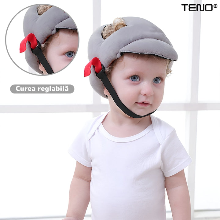 Casca Antisoc Bebelusi si Copii Teno®, protectie cazaturi, reglabila, material moale, patrupedie, usoara si comoda, gri deschis