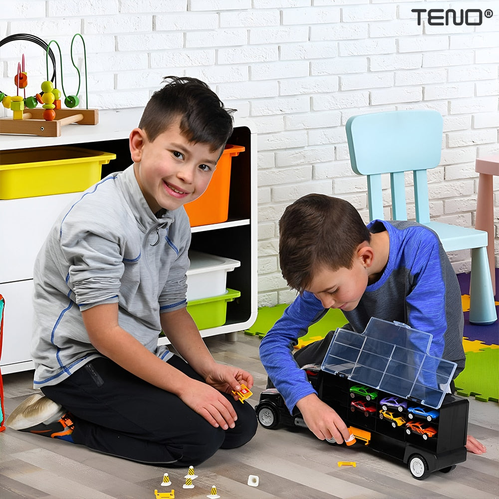 Set Camion Trailer de Jucarie pentru Transport Teno®, pentru masinute de curse, 9 masinute incluse, semne de circulatie, accesorii mobile, plastic si metal, scara 1:22, negru