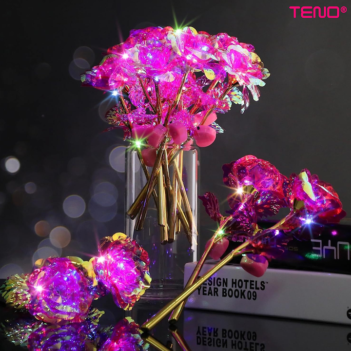 Trandafir Artizanal Teno®, efect de cristal, aspect auriu, luminite LED cu baterii, rezistent, nemuritor, design realist, 22 x 13 cm, roz
