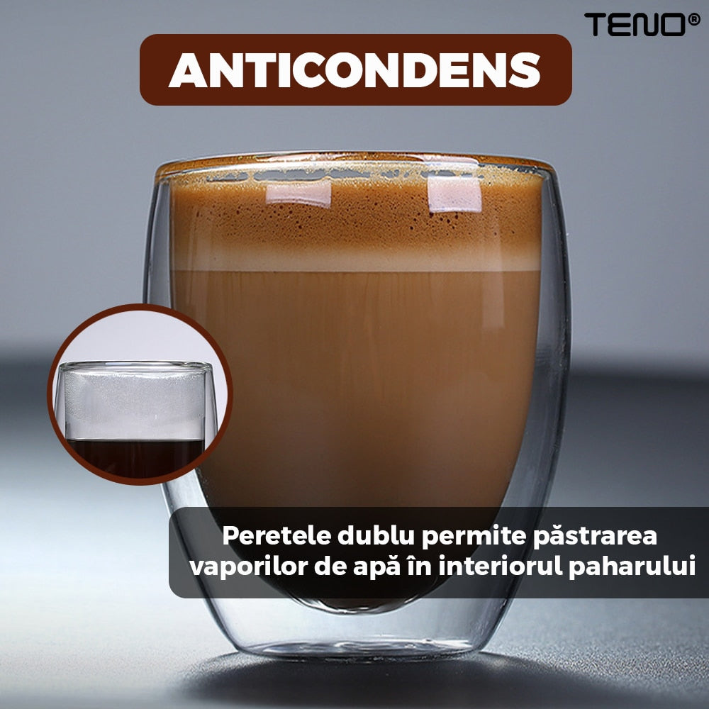 Set 4 Pahare din Sticla cu Perete Dublu Teno®, termorezistente, design modern, capacitate 250 ml, 9 x 8 cm