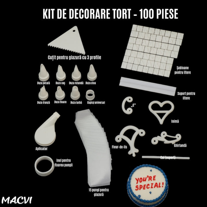 Kit 100 piese Macvi® pentru decorarea prajiturilor si torturilor, accesorii profesionale