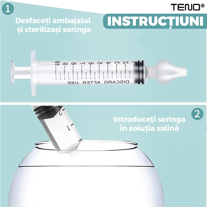 Set 2 Bucati Irigator / Dus Nazal Teno®, dispozitiv curatare sinusuri si decongestie nazala, cap din silicon, 10ml, transparent