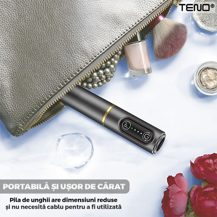 Pila Electrica Profesionala pentru Unghii Teno®, freza wireless, 20000 RPM, indicator LED, manichiura-pedichiura, 6 capete pentru pila, 60 benzi de slefurie, portabila, gri