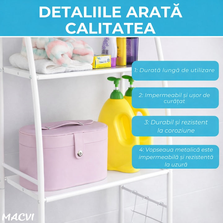 Organizator Multifunctional Macvi® pentru Baie, Toaleta sau Masina de Spalat, Suport pentru Detergenti, Prosoape si Accesorii de Igiena, Design Compact si Montare Rapida