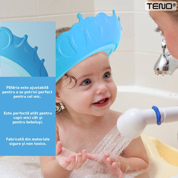 Palarie de Baie pentru Copii Teno®, protectie impotriva samponului pentru ochi si urechi, reglabila, forma coroana rege/regina, albastru