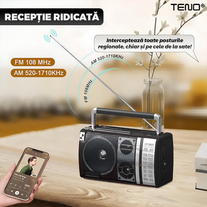 Radio Portabil Teno®, FM/AM, mod dual de alimentare, baterii/la priza, receptie ridicata ce prinde posturi regionale/la sate, port jack 3.5 mm, negru