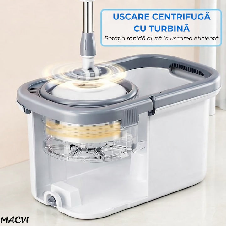 Set Mop Rotativ Macvi®, Galeata, Dubla Actiune, Capat Microfibra, Sistem Stoarcere, Inaltime Ajustabila, Alb/Gri