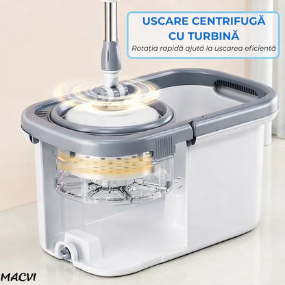 Set Mop Rotativ Macvi®, Galeata, Dubla Actiune, Capat Microfibra, Sistem Stoarcere, Inaltime Ajustabila, Alb/Gri
