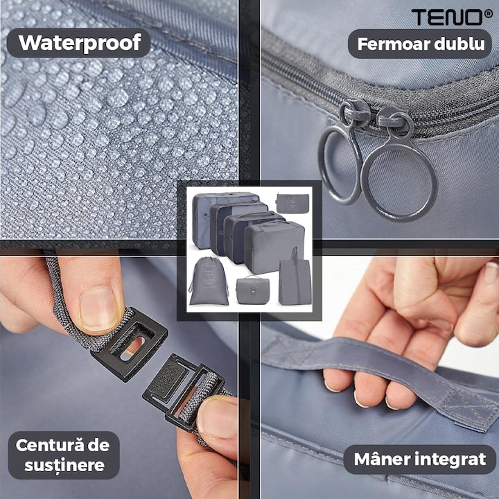Set 8 Organizatoare Teno®, pentru calatorie, diferite marimi, 3 genti cu plasa, 1 geanta pentru lenjerie, geanta pentru cosmetice, sac pentru hainele murdare, inchidere cu fermoar dublu, plasa, gri