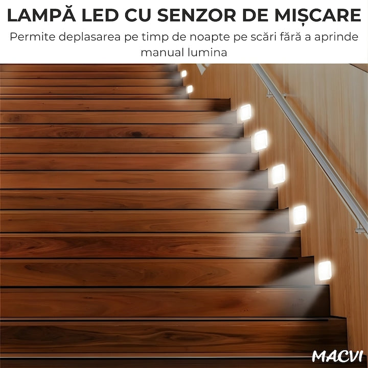 Lampa LED Macvi® cu senzor de miscare si alimentare pe baterii iluminare automata pentru holuri, scari, dulapuri si sertare, montaj rapid fara cabluri, 1 buc