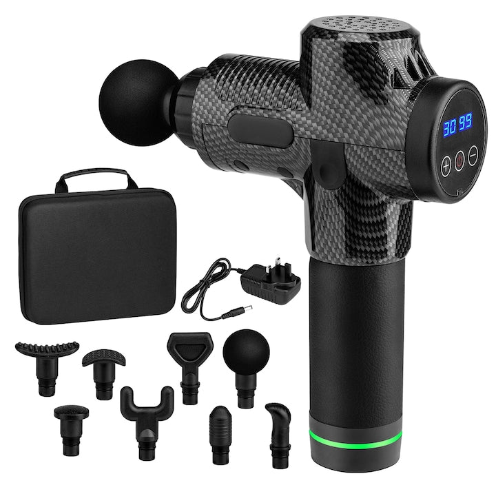 Pistol de masaj profesional Macvi Power Pro, 30 viteze, motor silentios, negru, set 8 capete