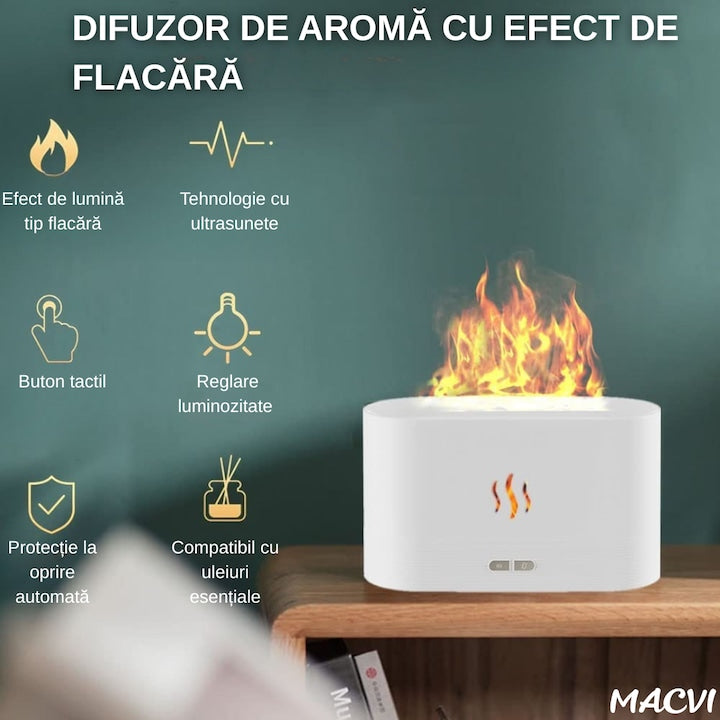 Difuzor Aromaterapie si Umidificator Macvi® cu Efect de Flacara, Ultrasunete, Capacitate 180 ml, 10 Ore de Functionare, Alb