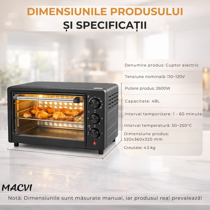 Cuptor Electric de Bucatarie Macvi® 2600W, 48L, Temperatura Reglabila 250°C, 4 Moduri Incalzire, Tava de Copt, Gratar, Functie Rotisor