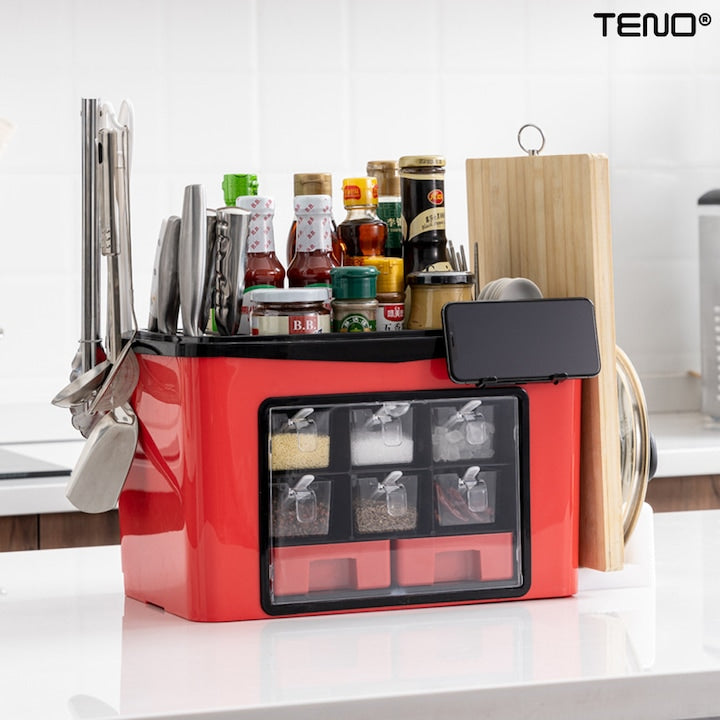 Organizator Multifunctional pentru Bucatarie Teno®, suport sticle, rafturi pentru condimente, cuier pentru ustensile, suport cutite, 46 x 26 x 43 cm, rosu