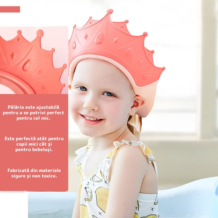 Palarie de Baie pentru Copii Teno®, protectie impotriva samponului pentru ochi si urechi, reglabila, forma coroana rege/regina, roz
