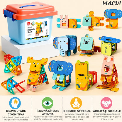 Set 36 piese magnetice constructie Macvi®, joc educativ copii 3 ani+, dezvolta creativitatea, gandirea logica, abilitati matematice, multicolor