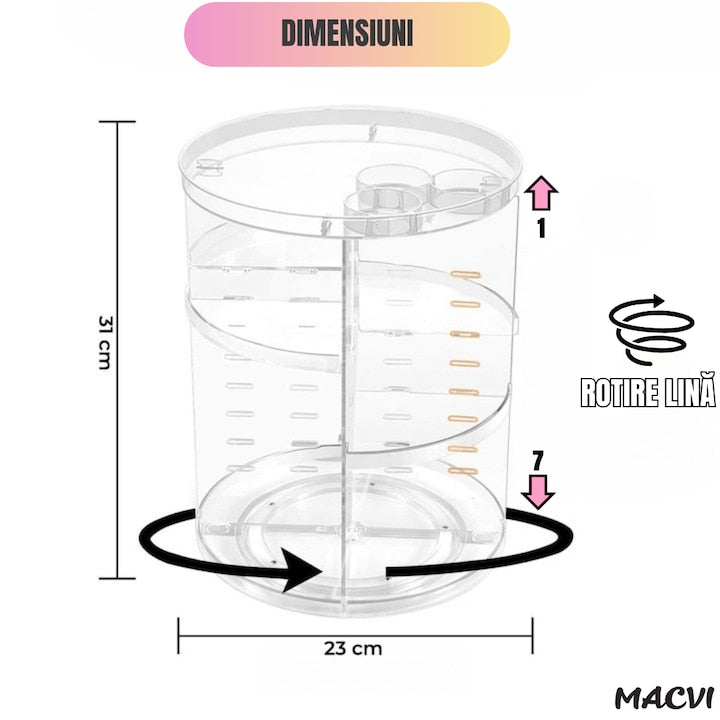 Organizator Cosmetice Rotativ Macvi® 360°, Design Reglabil, 9 Compartimente Spatioase, Montare Rapida, Ideal pentru Machiaj si Produse de Ingrijire