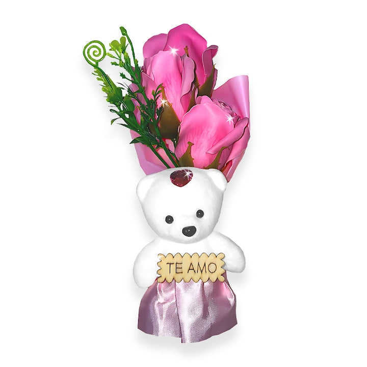 Mini Buchet de Trandafiri din Sapun Teno®, 3 fire, ursulet adorabil inclus, cutie de protectie transparenta, ideal pentru orice ocazie, design elegant, roz deschis