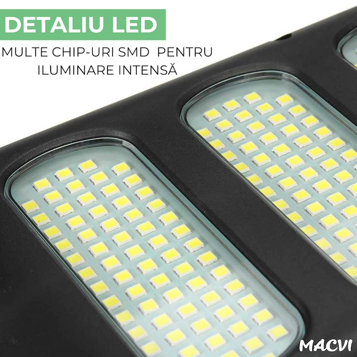 Aplica LED Exterior Macvi® Solara cu 150 COB, Senzor Miscare si Lumina, Panou Solar 1.5W, 2400mAh, IP65, 6500K, Autonomie 6-10 Ore, Unghi Lumina 120°