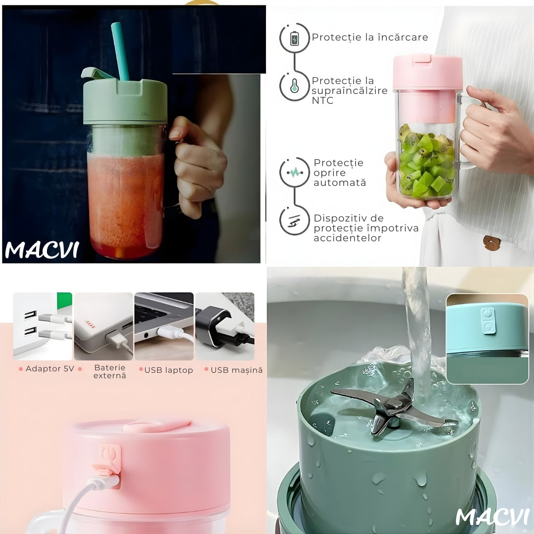 Storcator De Citrice Macvi® Portabil din Plastic cu Acumulator, Blender Reincarcabil USB, 6 Lame din Otel Inoxidabil, BPA Free, Anti-scurgere, Capac cu Pai, Capacitate 420 ml, Smoothie-uri si Sucuri