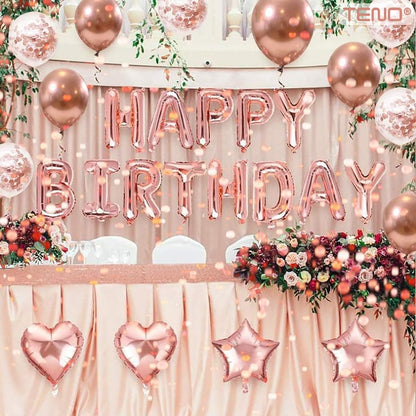 Set 27 Baloane Teno®, Litere, pentru Petreceri/Aniversari/Evenimente, confetti, stelute, inimioare, model HAPPY BIRTHDAY, rose gold