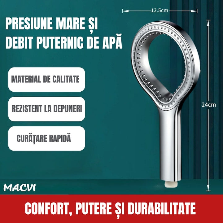 Cap de dus Macvi® cu jet reglabil, flexibilitate versatila, moduri multiple de pulverizare, finisaj argintiu