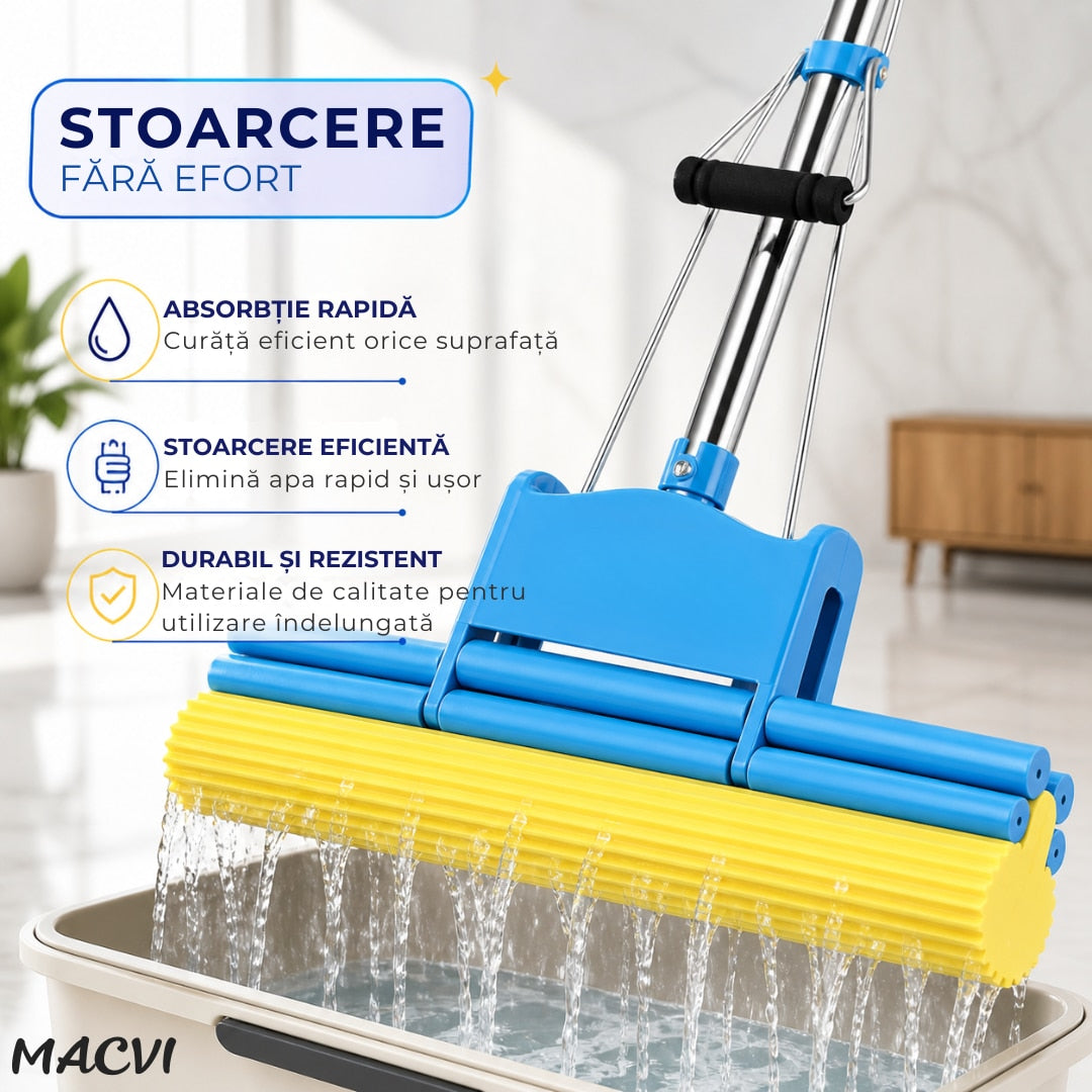 Mop Macvi® cu Storcator si Coada Metalica Telescopica 88-105 cm, PVA, 37 x 5 x 5 cm, Albastru