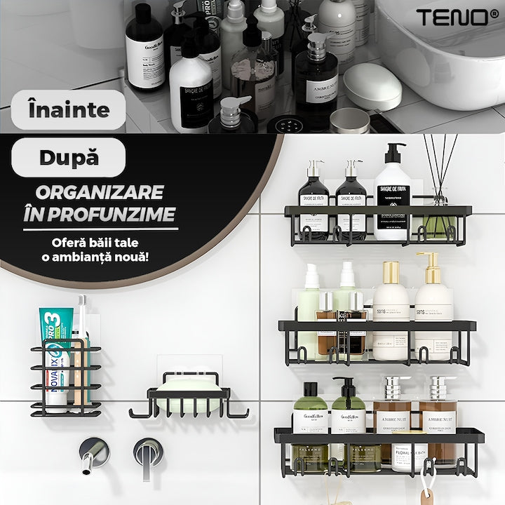 Set 2 Rafturi pentru Dus Teno®, depozitare si organizare, baie/bucatarie, otel inoxidabil, montare adeziva, rezistenta ridicata, cuiere incorporate, suporturi inalte, negru