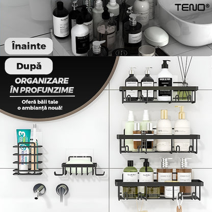 Set 2 Rafturi pentru Dus Teno®, depozitare si organizare, baie/bucatarie, otel inoxidabil, montare adeziva, rezistenta ridicata, cuiere incorporate, suporturi inalte, negru