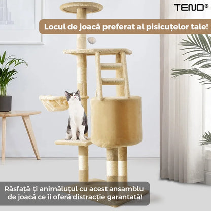 Ansamblu de Joaca pentru Pisici Teno®, tip turn, 1 platforma de observatie, 4 niveluri, 1 casuta, scara, franghie si mingiute de joaca, stalpi pentru zgariat, captuseala extra moale, structura stabila, 118 cm, bej